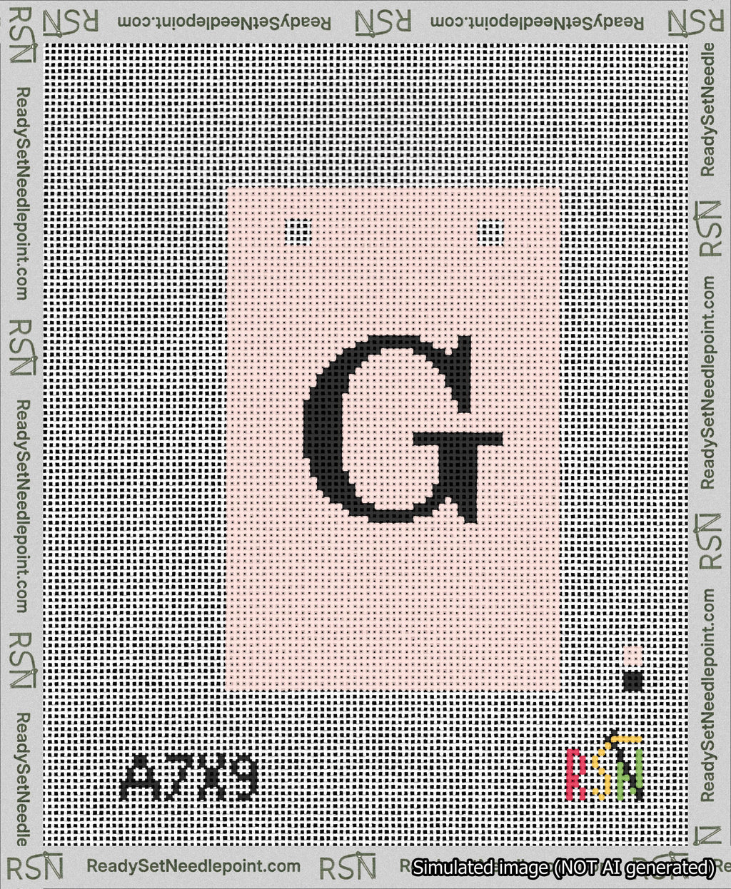 A taped needlepoint canvas with the design: Banner 13 mesh count Squared G Black on Pink.