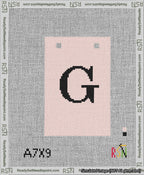 A taped needlepoint canvas with the design: Banner 13 mesh count Squared G Black on Pink.