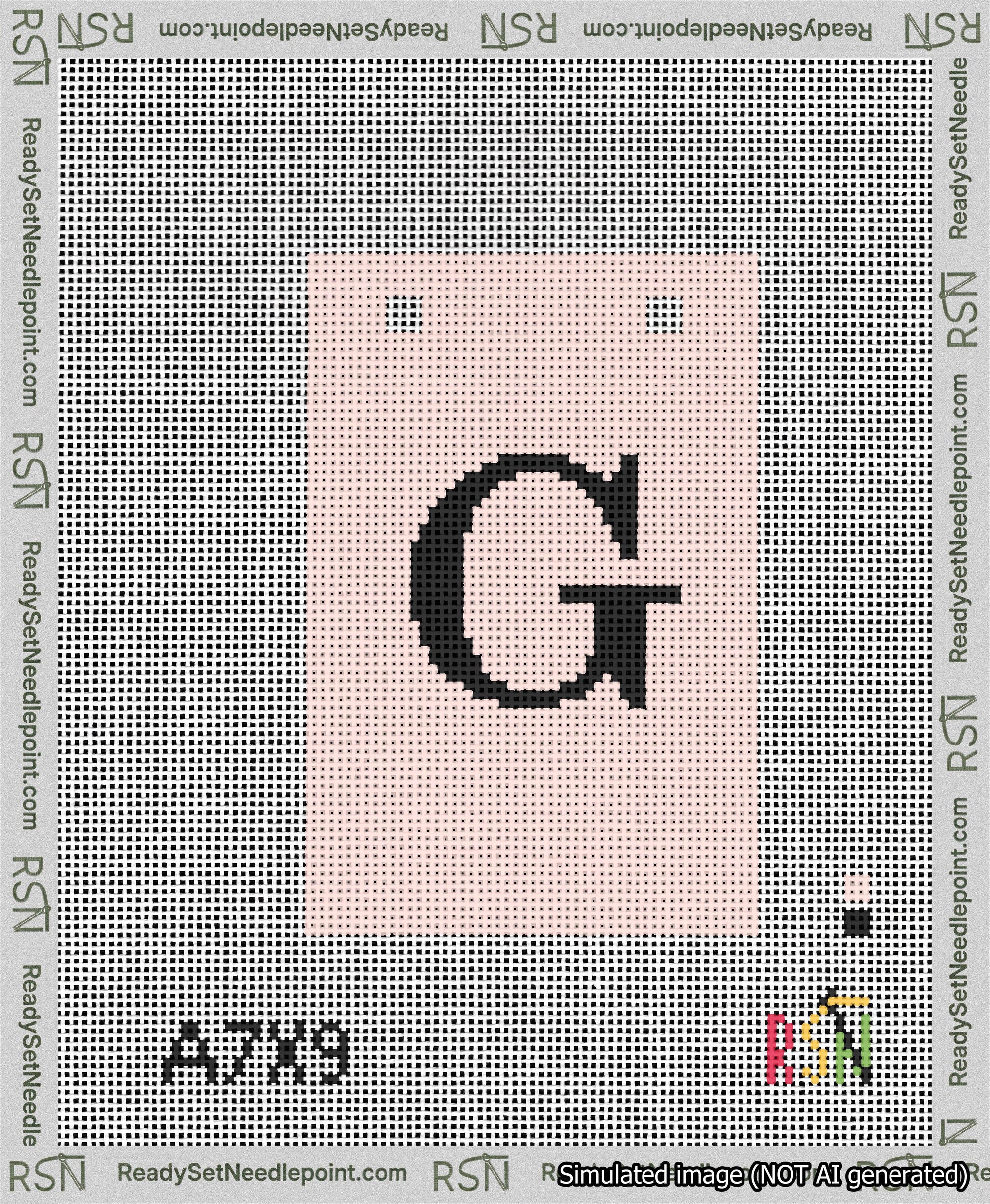 A taped needlepoint canvas with the design: Banner 13 mesh count Squared G Black on Pink.