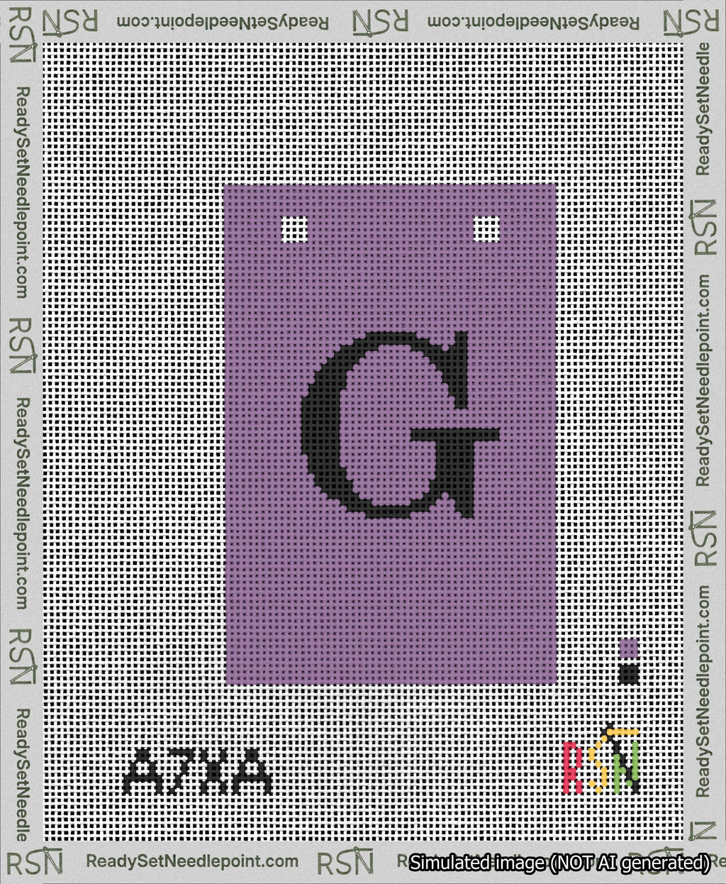 A taped needlepoint canvas with the design: Banner 13 mesh count Squared G Black on Purple.