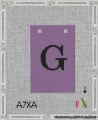 A taped needlepoint canvas with the design: Banner 13 mesh count Squared G Black on Purple.