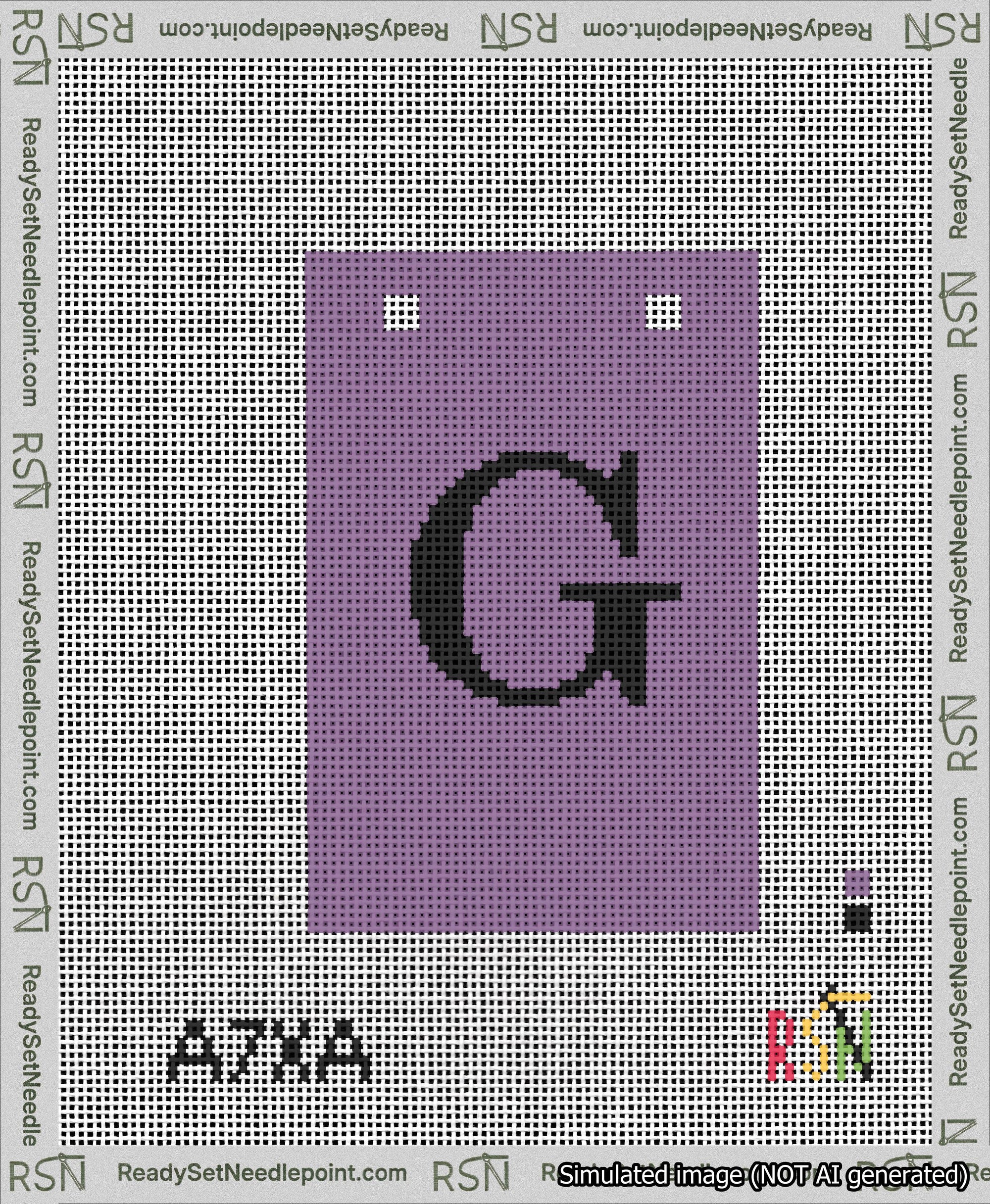 A taped needlepoint canvas with the design: Banner 13 mesh count Squared G Black on Purple.
