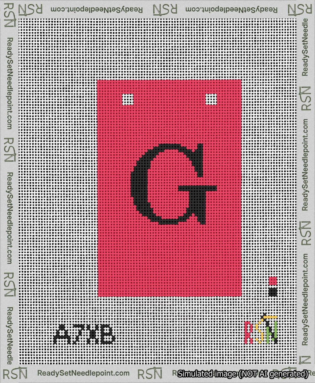 A taped needlepoint canvas with the design: Banner 13 mesh count Squared G Black on Red.