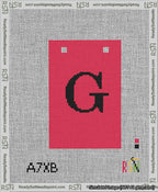 A taped needlepoint canvas with the design: Banner 13 mesh count Squared G Black on Red.