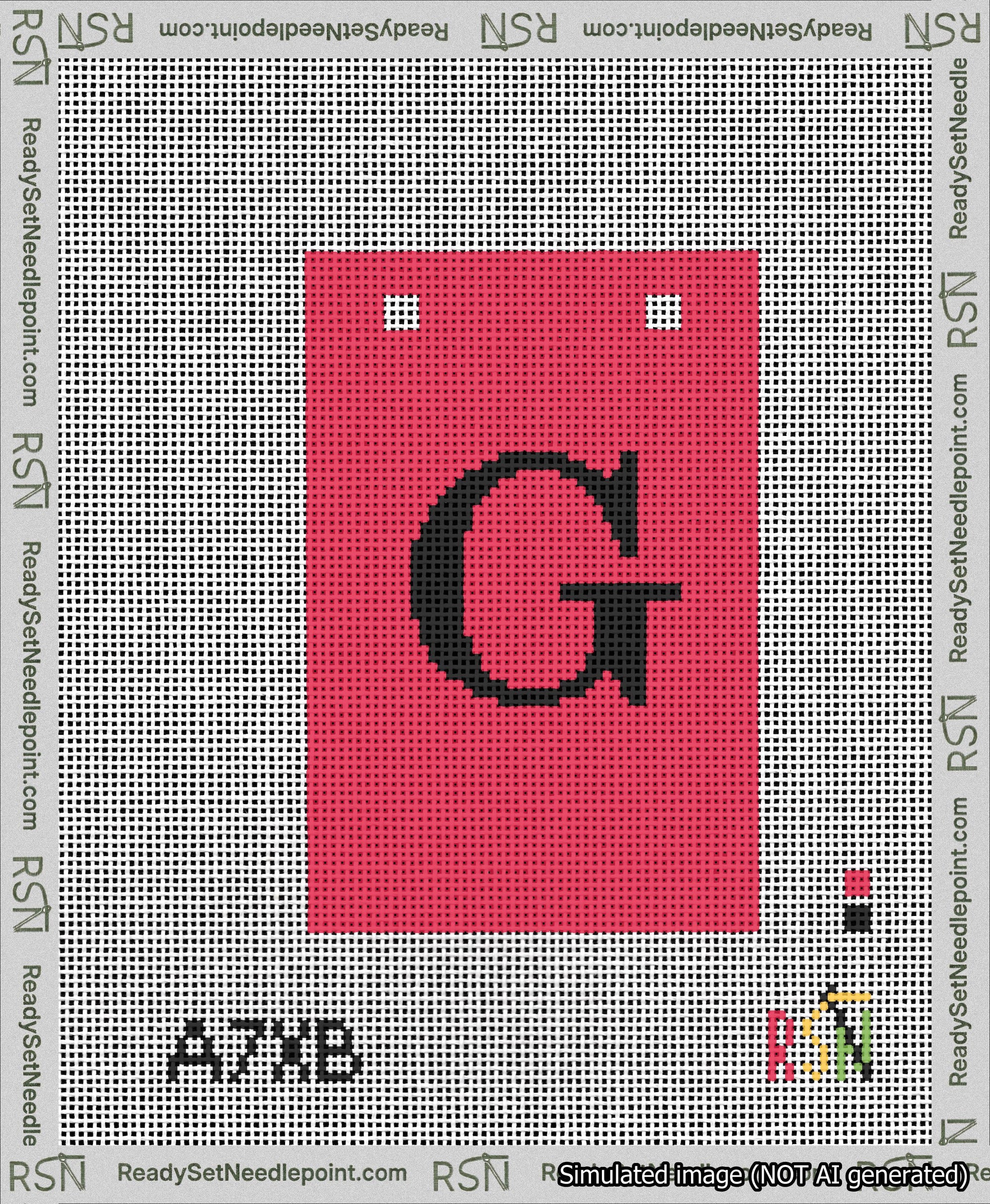 A taped needlepoint canvas with the design: Banner 13 mesh count Squared G Black on Red.