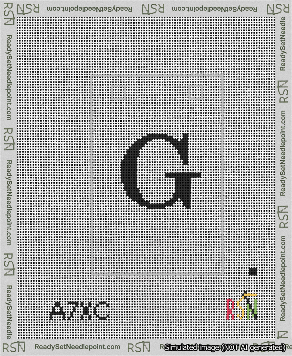 A taped needlepoint canvas with the design: Banner 13 mesh count Squared G Black on White.