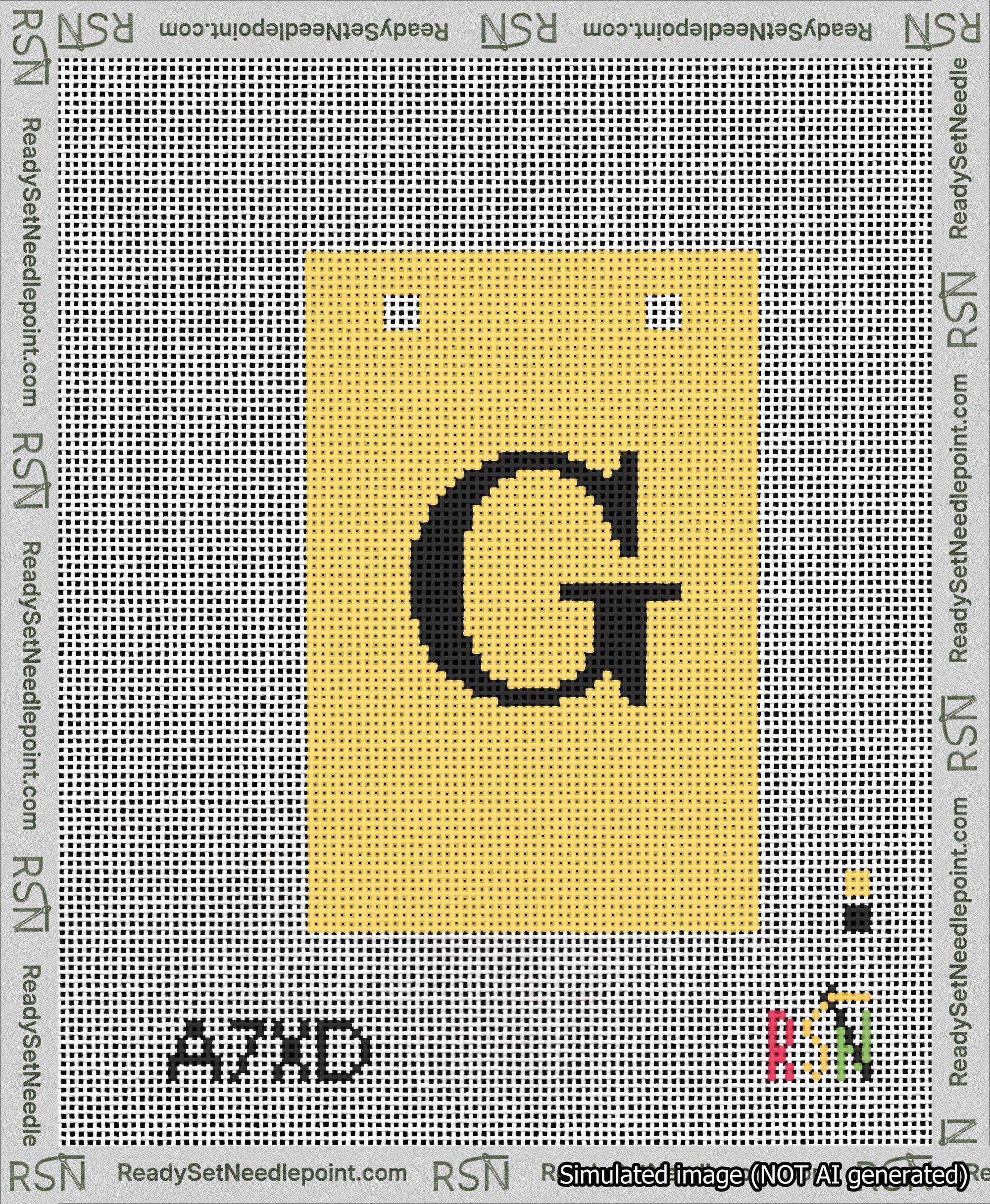 A taped needlepoint canvas with the design: Banner 13 mesh count Squared G Black on Yellow.