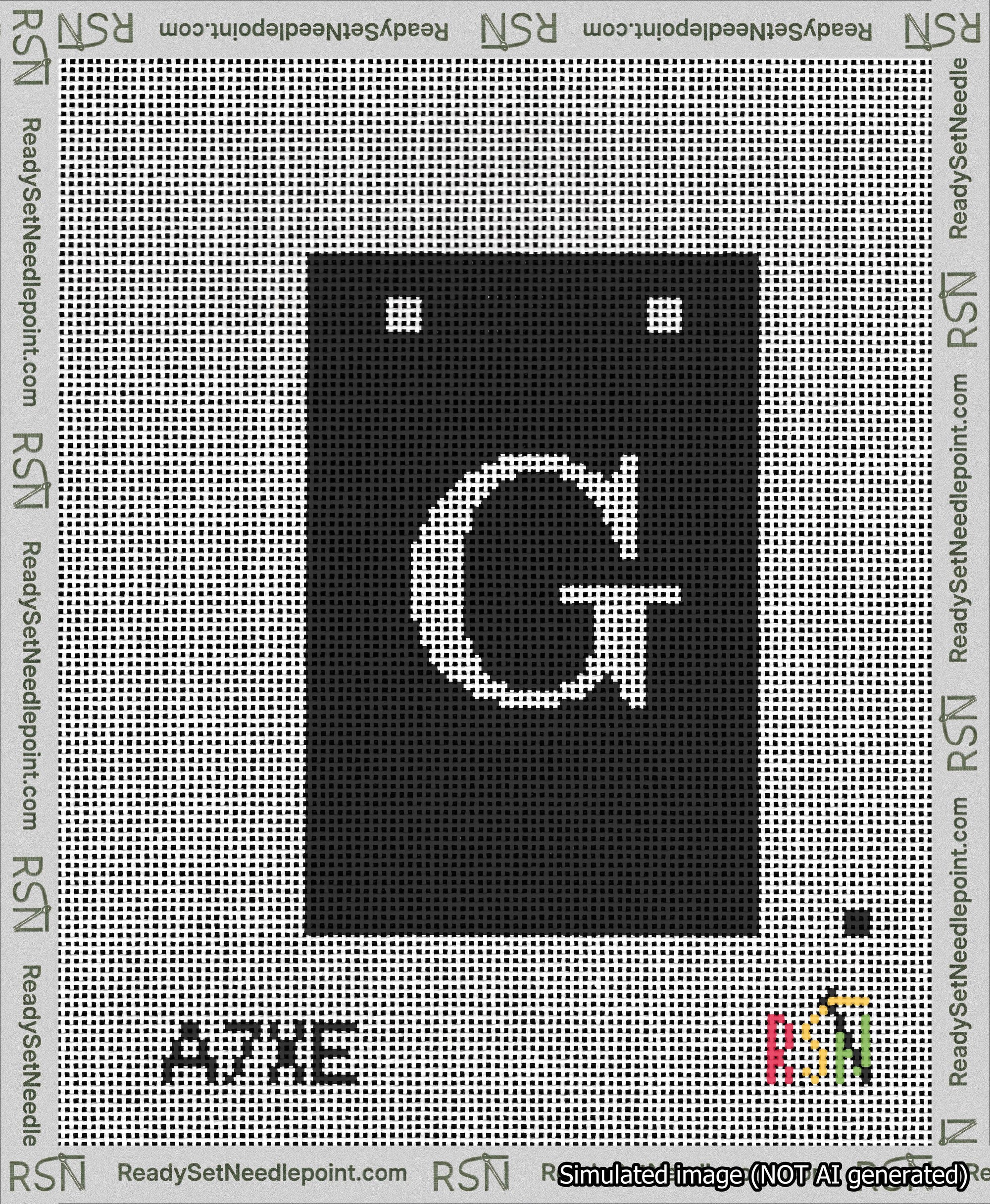 A taped needlepoint canvas with the design: Banner 13 mesh count Squared G White on Black.