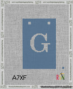 A taped needlepoint canvas with the design: Banner 13 mesh count Squared G White on Blue.