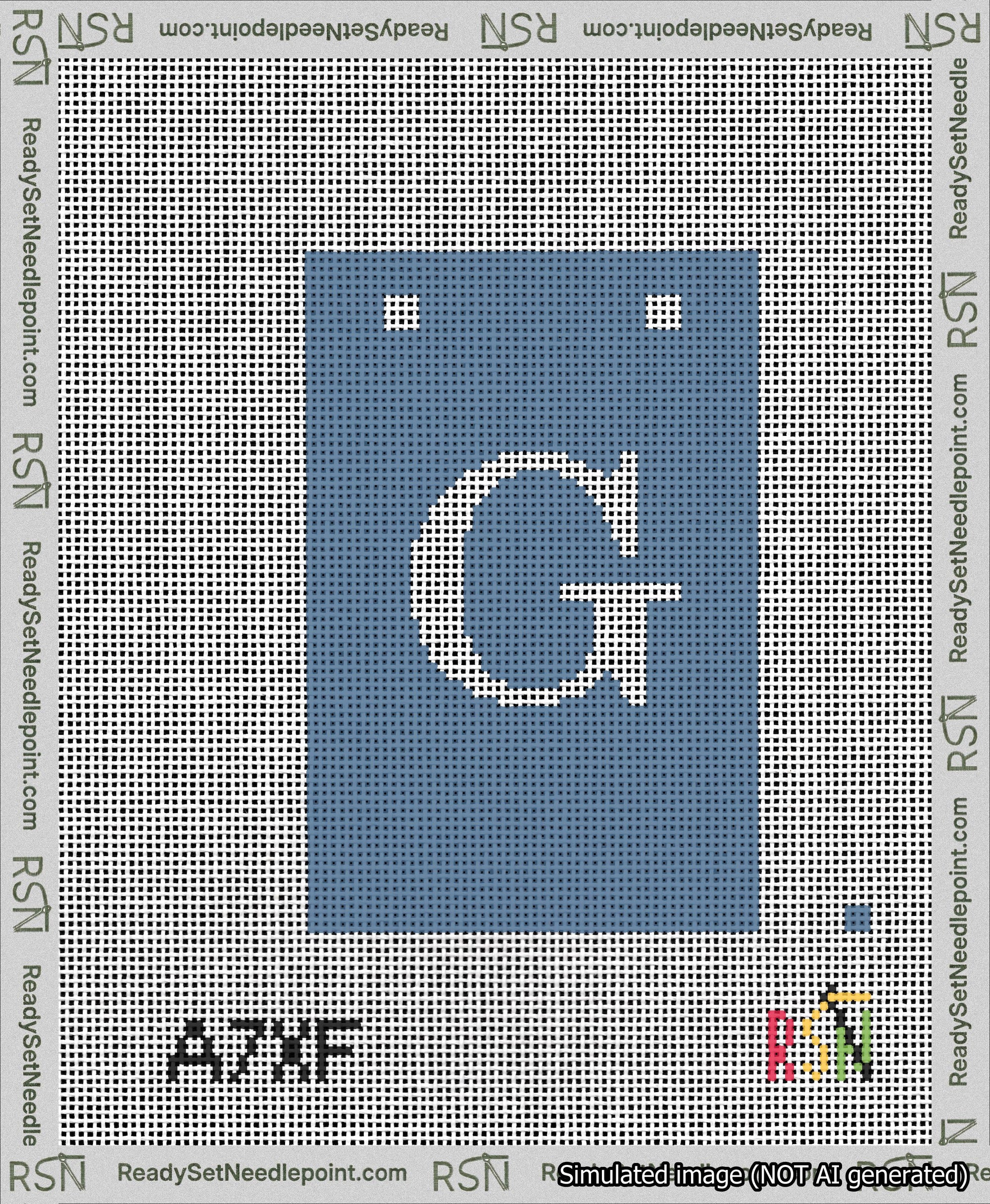 A taped needlepoint canvas with the design: Banner 13 mesh count Squared G White on Blue.