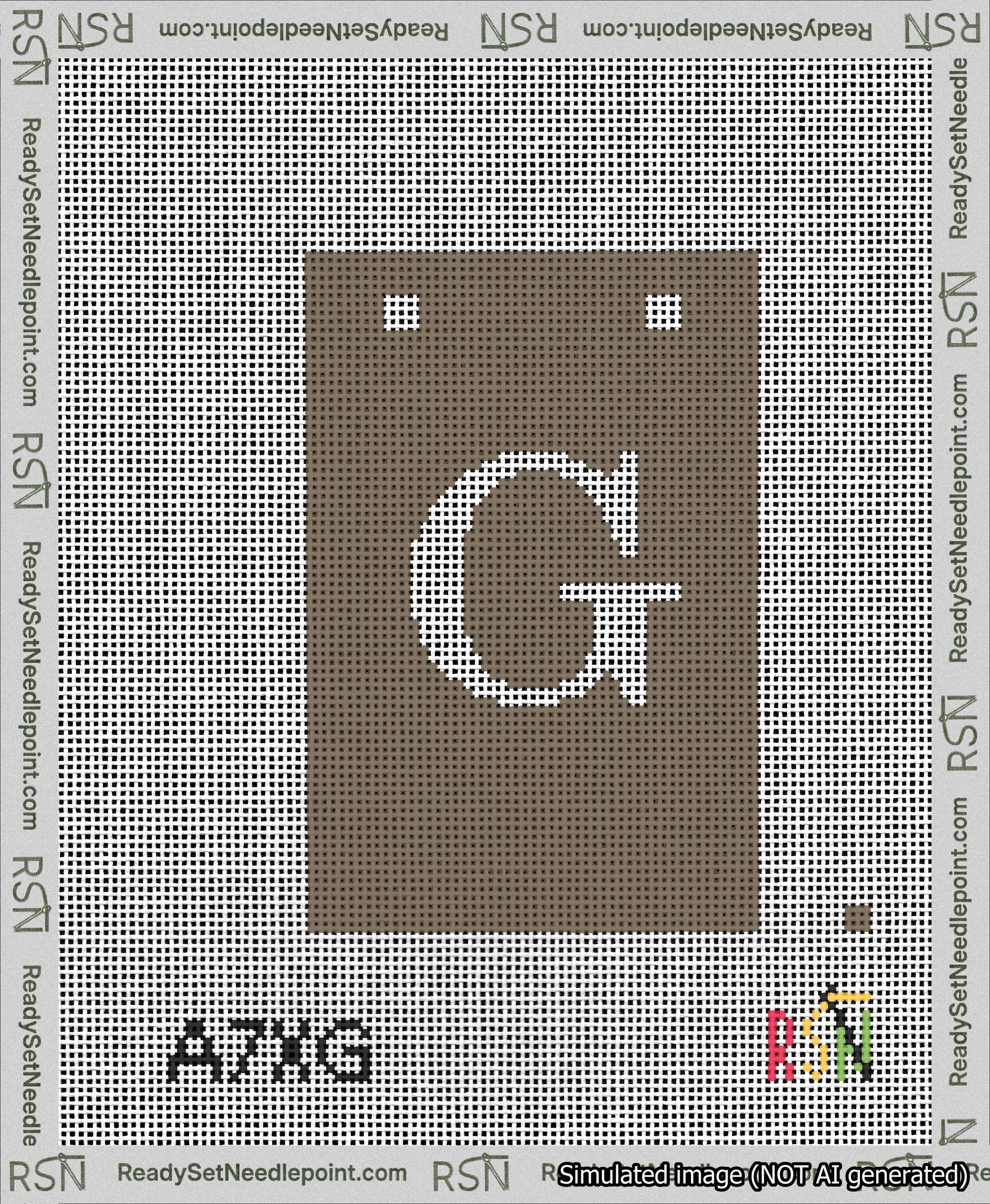 A taped needlepoint canvas with the design: Banner 13 mesh count Squared G White on Brown.