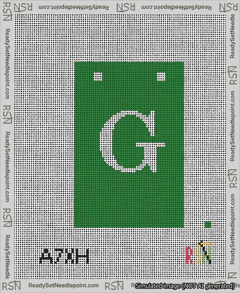 A taped needlepoint canvas with the design: Banner 13 mesh count Squared G White on Green.
