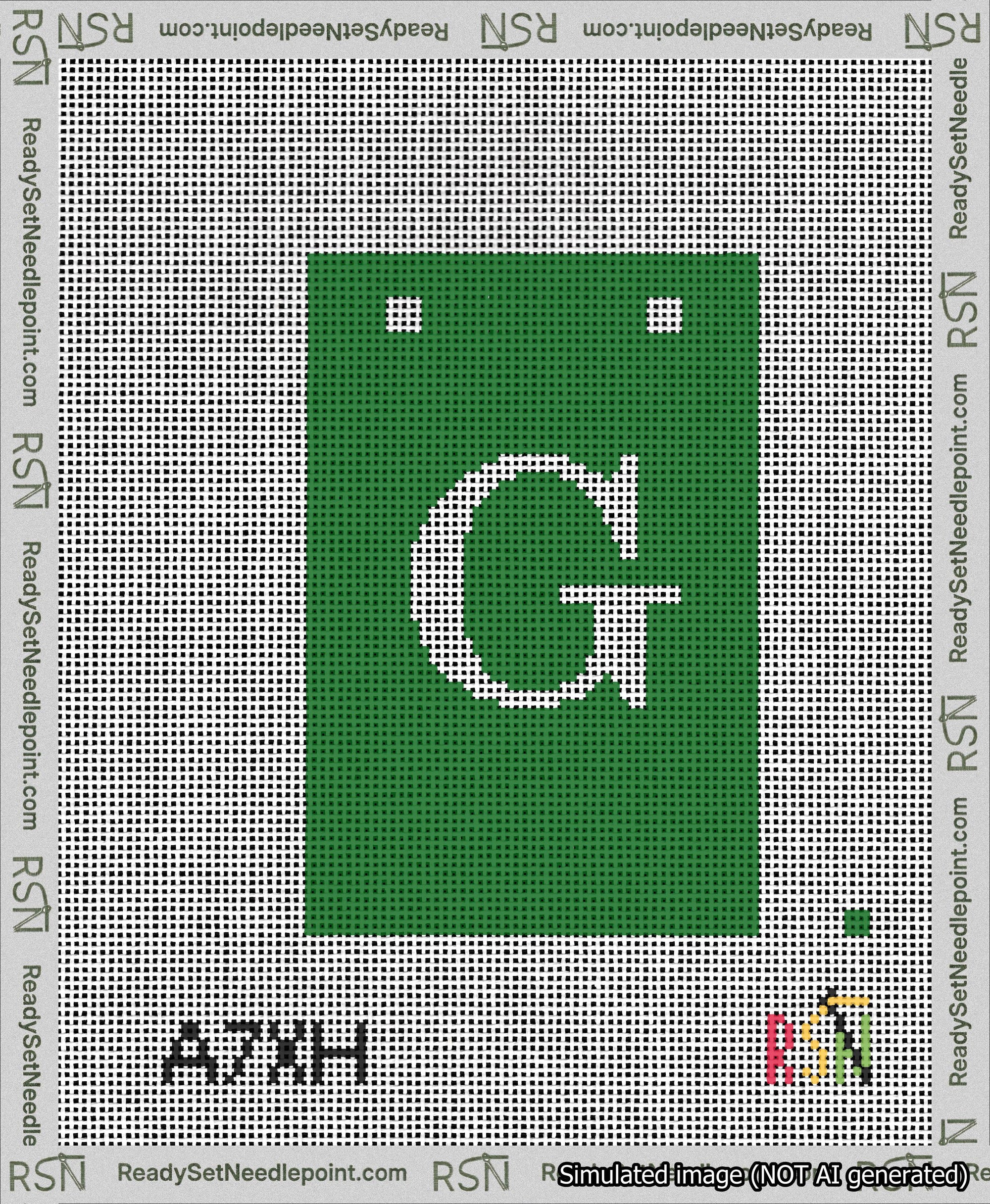 A taped needlepoint canvas with the design: Banner 13 mesh count Squared G White on Green.
