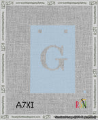 A taped needlepoint canvas with the design: Banner 13 mesh count Squared G White on Light Blue.