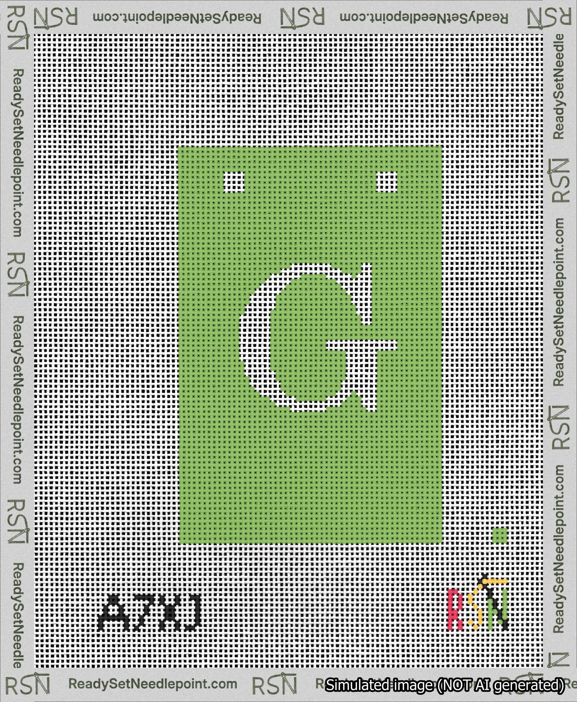 A taped needlepoint canvas with the design: Banner 13 mesh count Squared G White on Light Green.