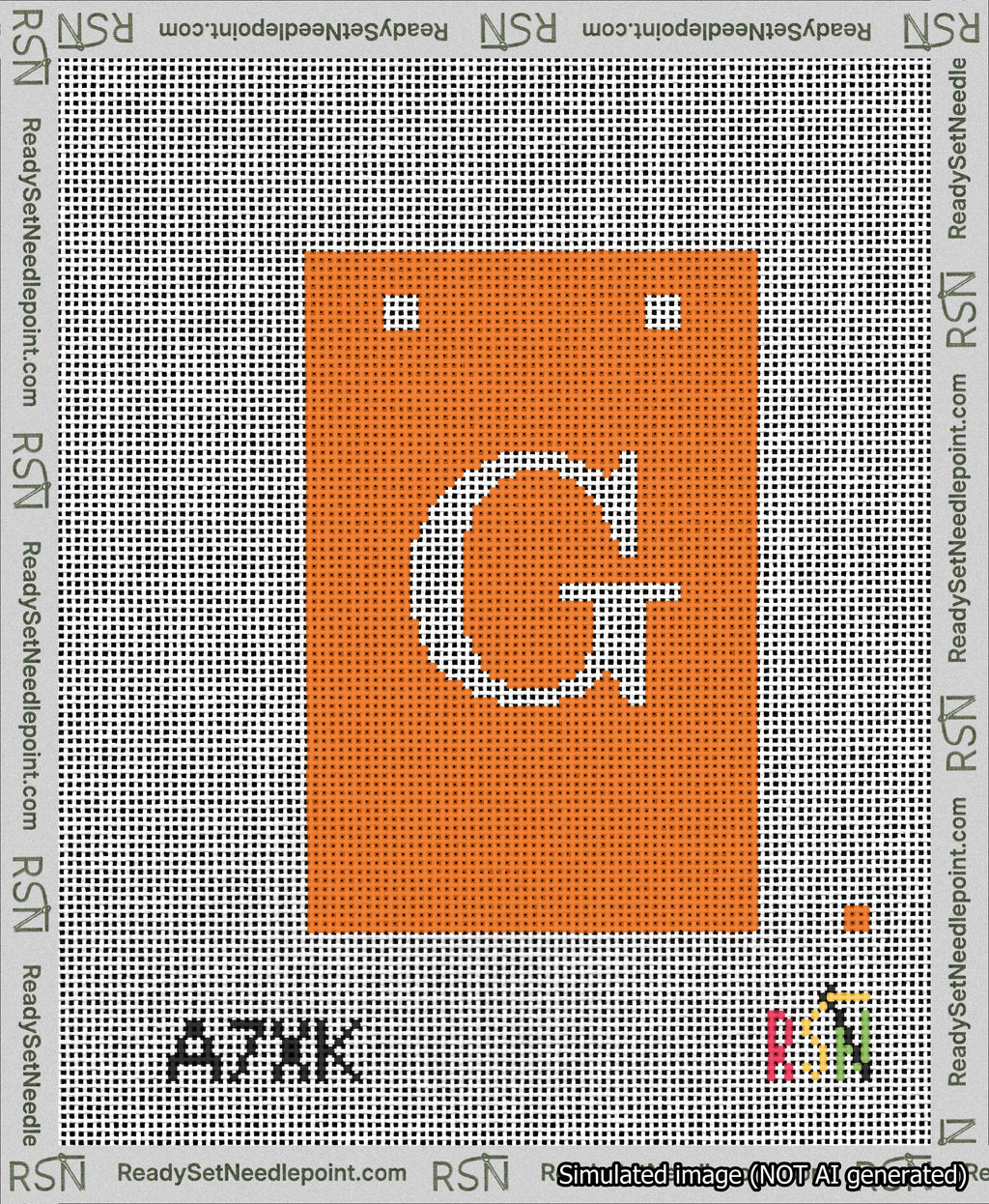 A taped needlepoint canvas with the design: Banner 13 mesh count Squared G White on Orange.