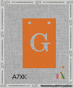 A taped needlepoint canvas with the design: Banner 13 mesh count Squared G White on Orange.