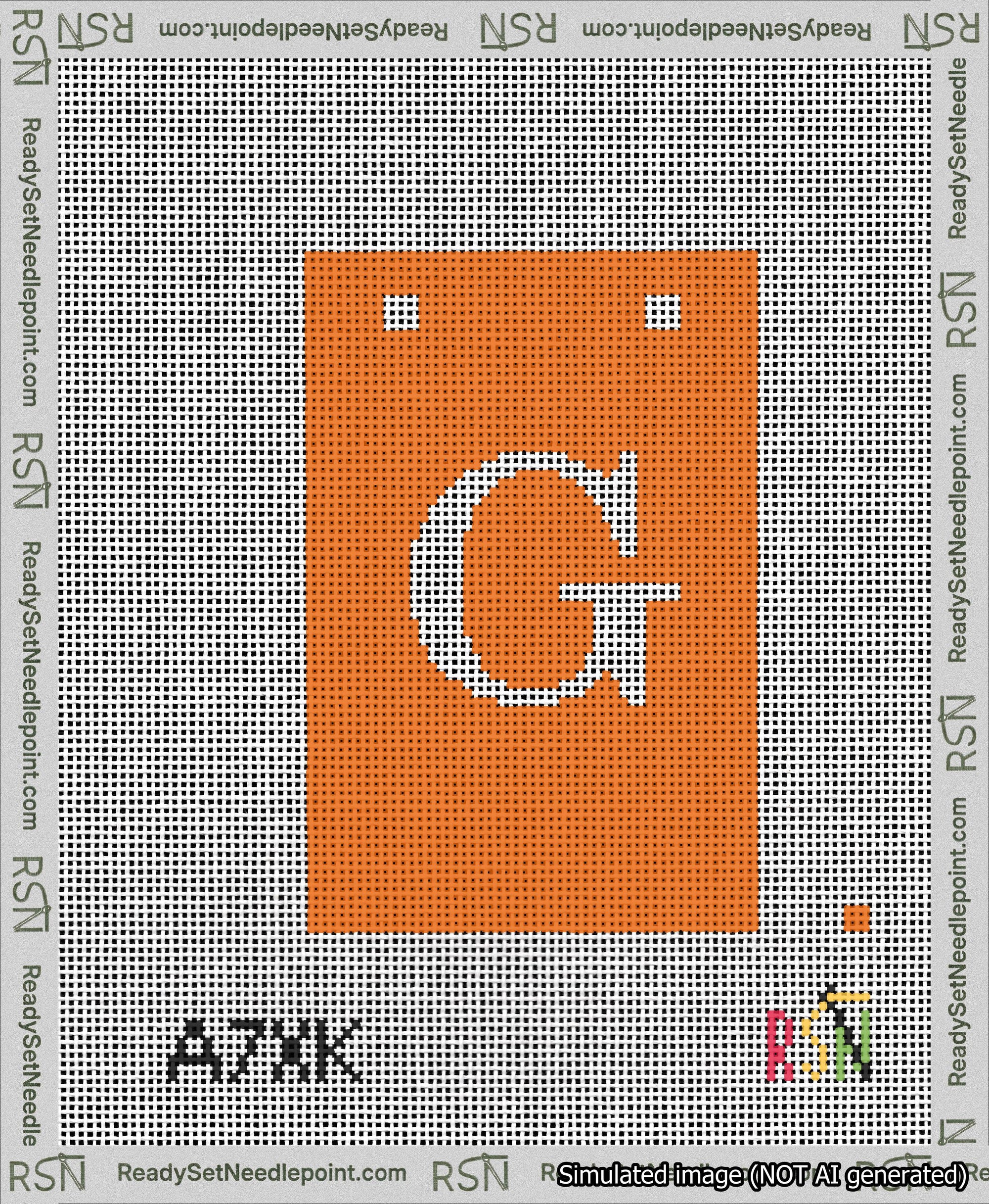 A taped needlepoint canvas with the design: Banner 13 mesh count Squared G White on Orange.