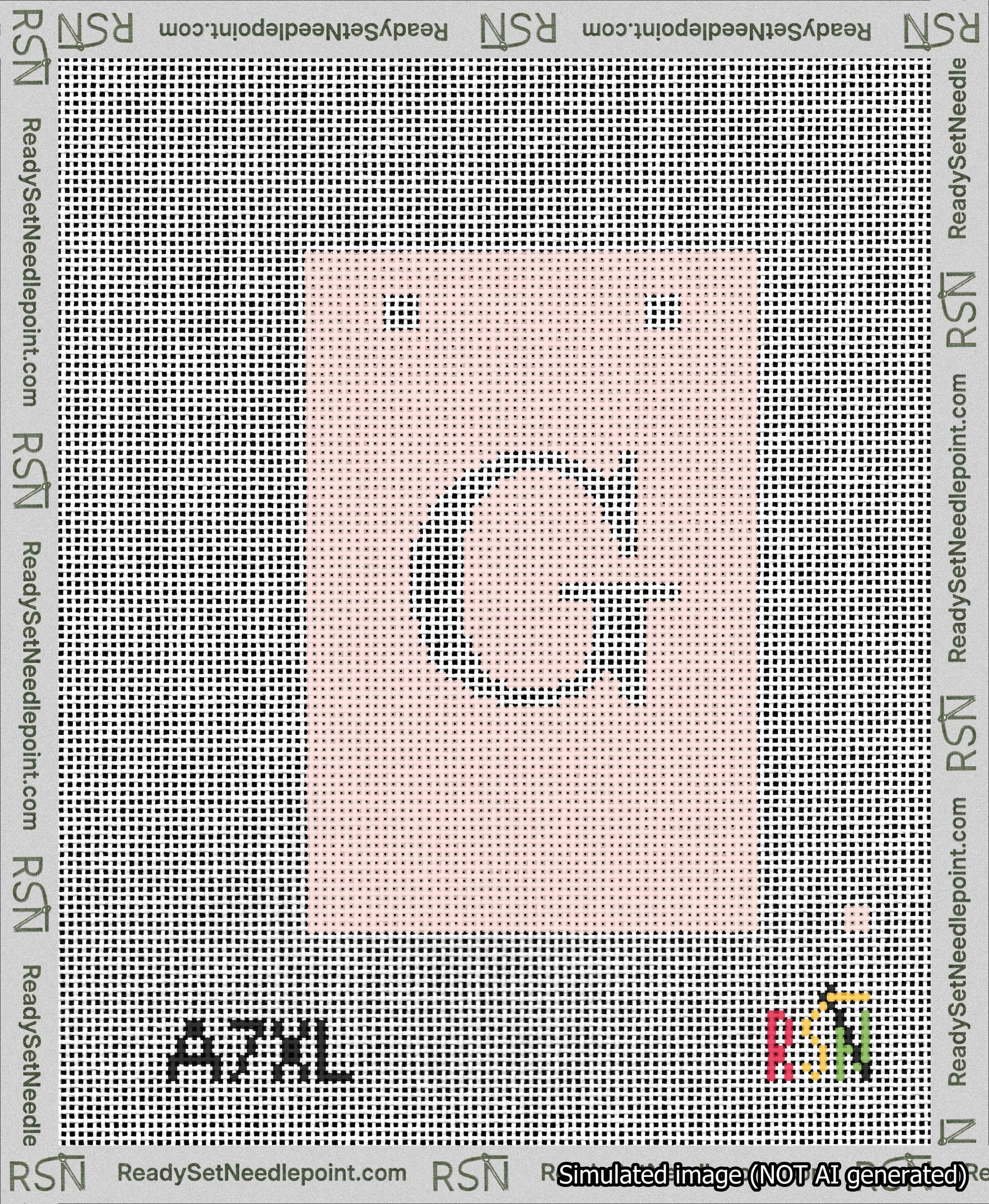 A taped needlepoint canvas with the design: Banner 13 mesh count Squared G White on Pink.