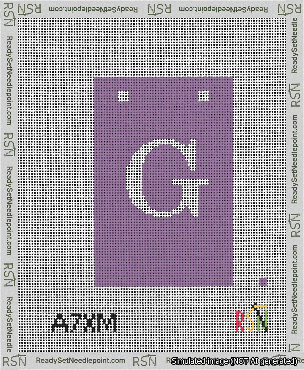 A taped needlepoint canvas with the design: Banner 13 mesh count Squared G White on Purple.
