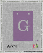 A taped needlepoint canvas with the design: Banner 13 mesh count Squared G White on Purple.