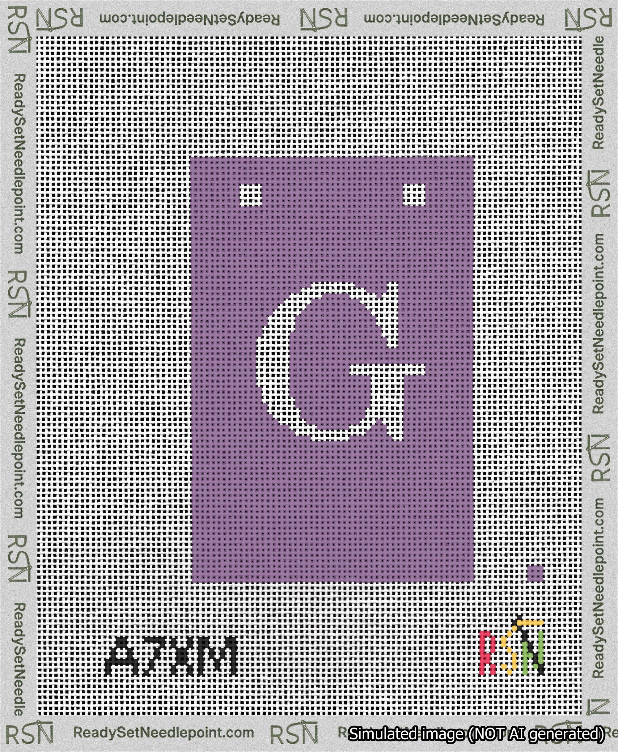 A taped needlepoint canvas with the design: Banner 13 mesh count Squared G White on Purple.