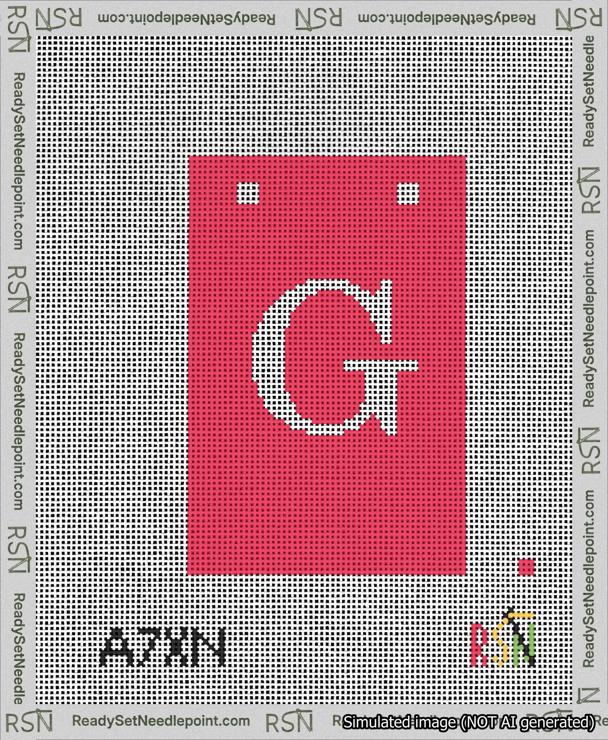 A taped needlepoint canvas with the design: Banner 13 mesh count Squared G White on Red.