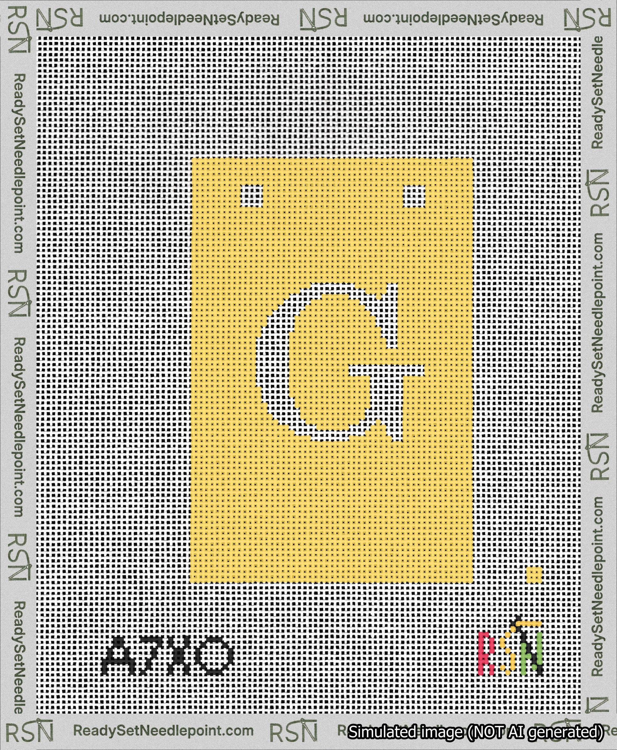 A taped needlepoint canvas with the design: Banner 13 mesh count Squared G White on Yellow.