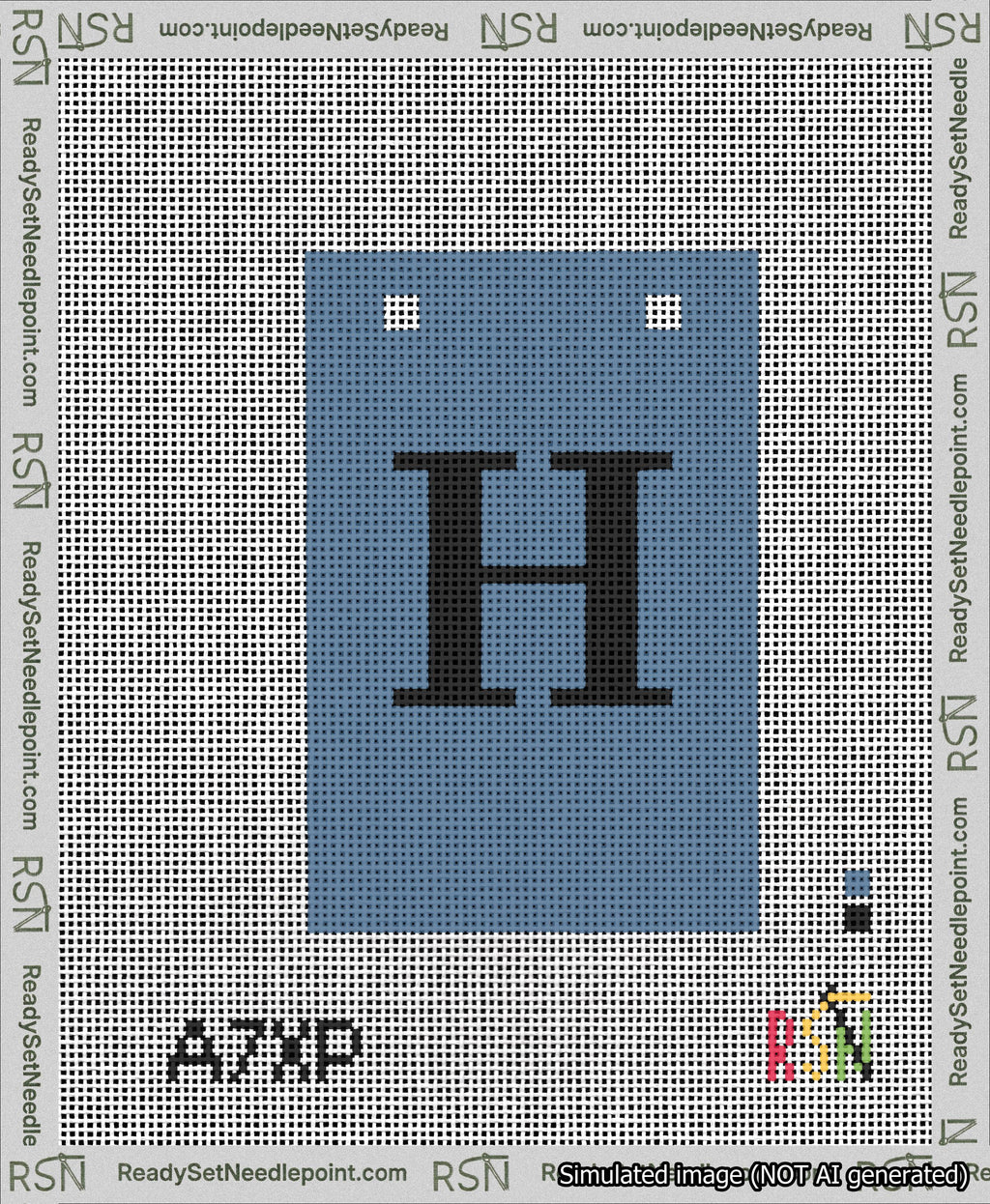 A taped needlepoint canvas with the design: Banner 13 mesh count Squared H Black on Blue.