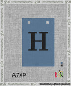 A taped needlepoint canvas with the design: Banner 13 mesh count Squared H Black on Blue.