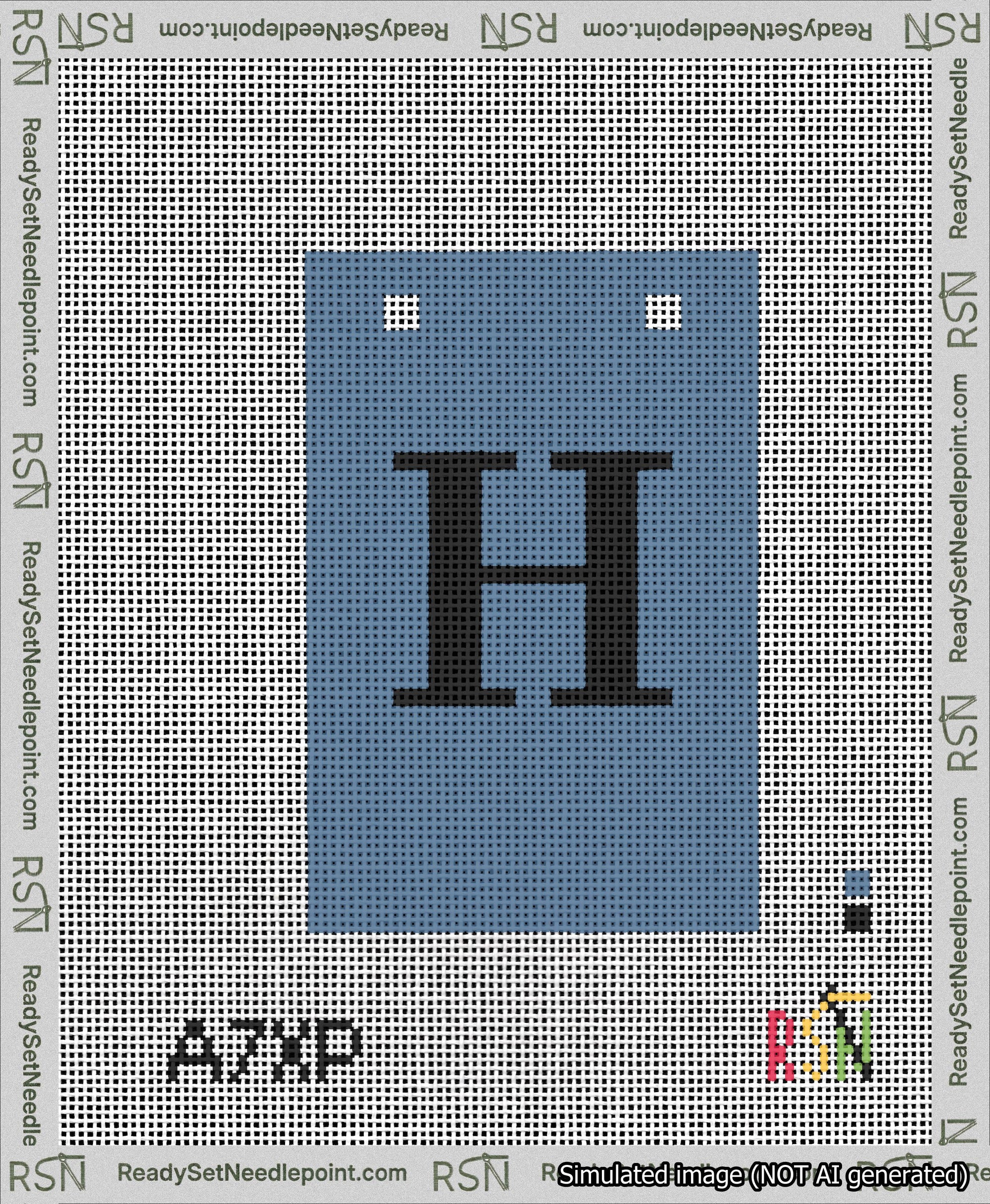 A taped needlepoint canvas with the design: Banner 13 mesh count Squared H Black on Blue.