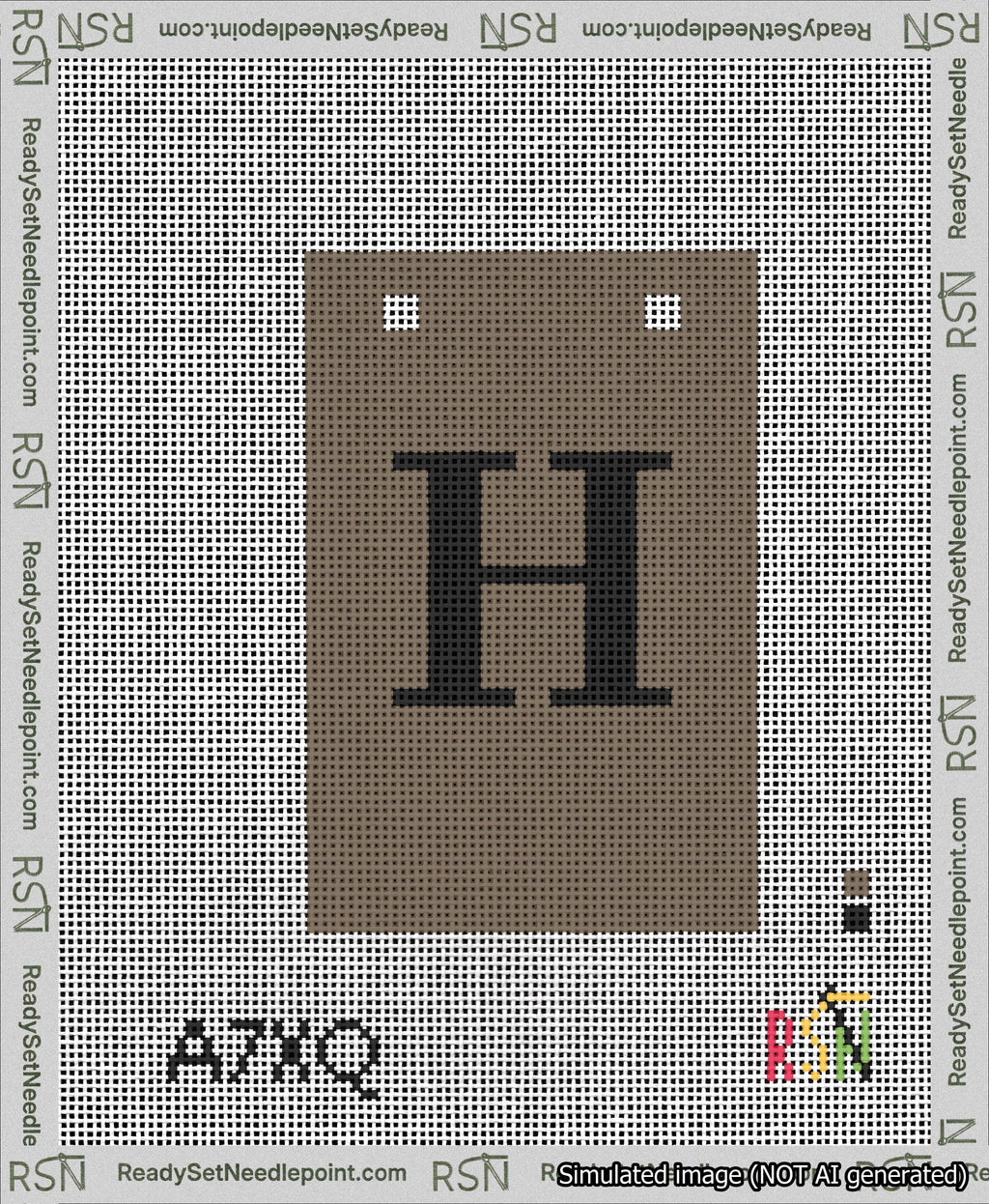 A taped needlepoint canvas with the design: Banner 13 mesh count Squared H Black on Brown.
