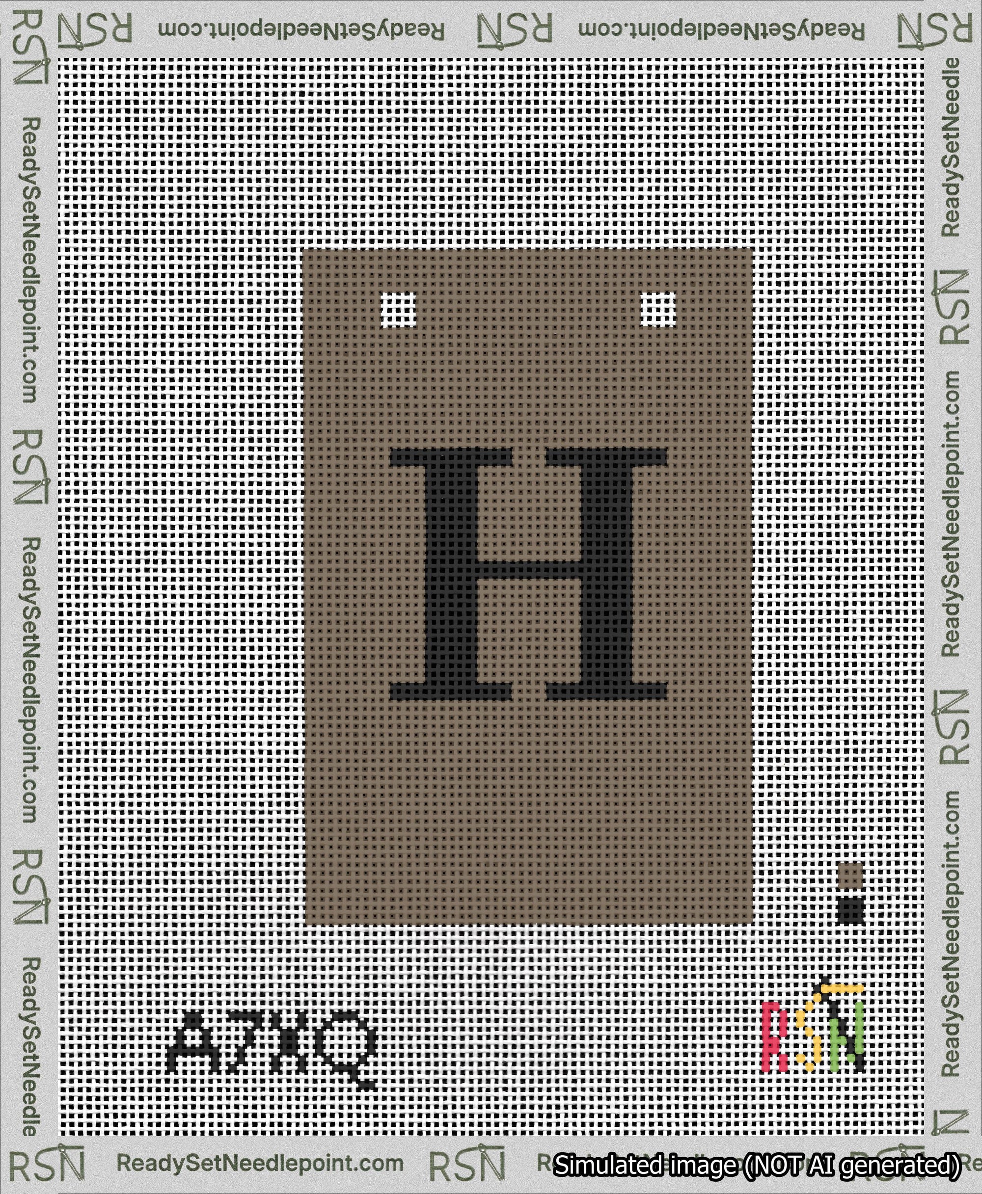 A taped needlepoint canvas with the design: Banner 13 mesh count Squared H Black on Brown.
