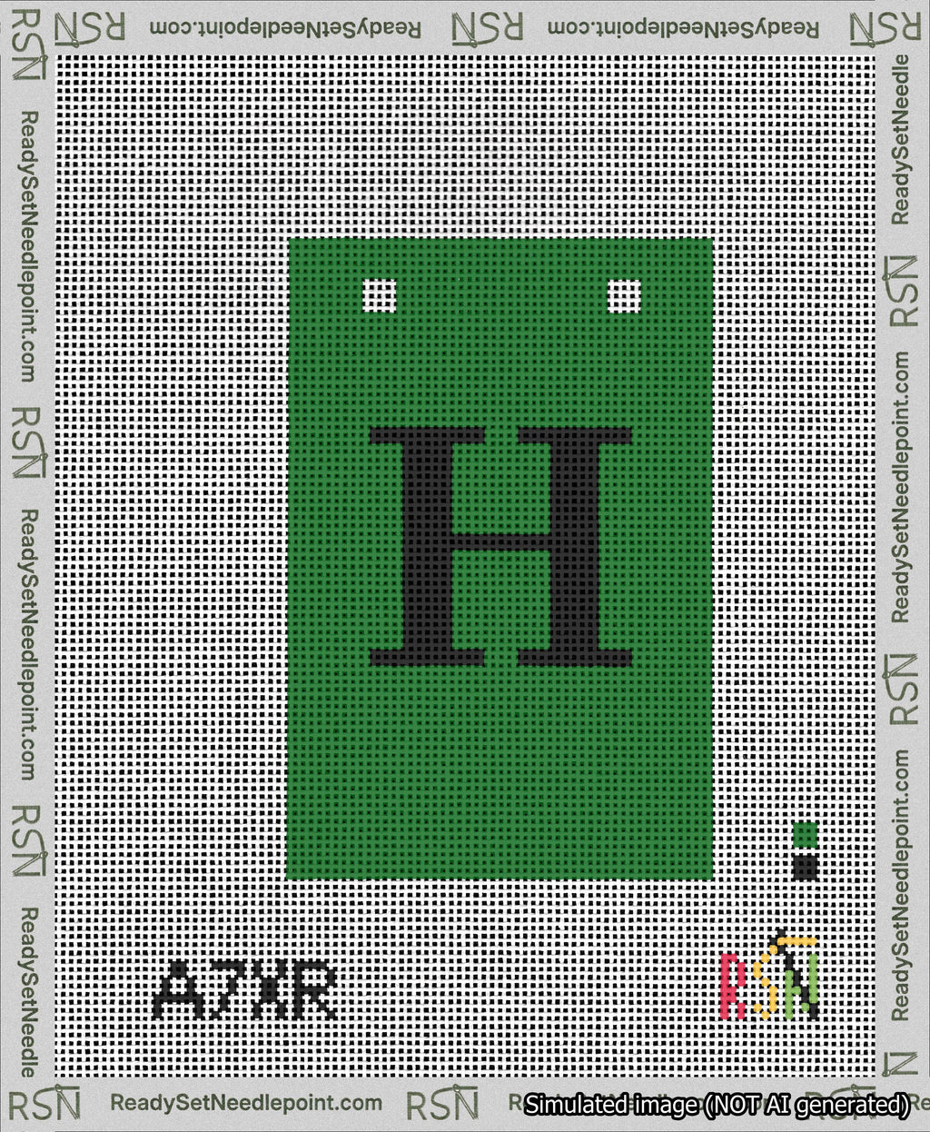 A taped needlepoint canvas with the design: Banner 13 mesh count Squared H Black on Green.