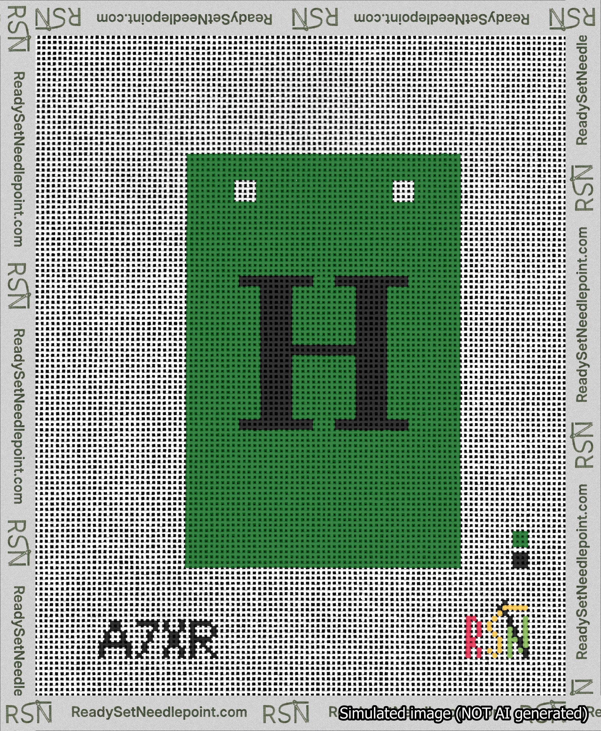 A taped needlepoint canvas with the design: Banner 13 mesh count Squared H Black on Green.