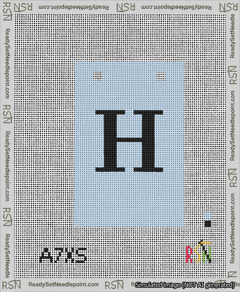 A taped needlepoint canvas with the design: Banner 13 mesh count Squared H Black on Light Blue.
