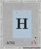 A taped needlepoint canvas with the design: Banner 13 mesh count Squared H Black on Light Blue.
