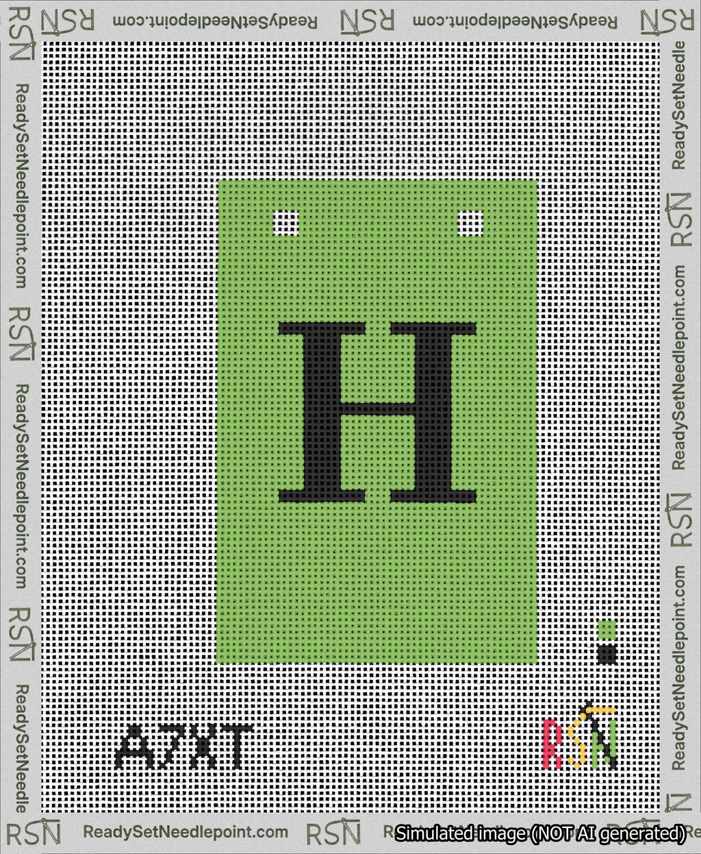 A taped needlepoint canvas with the design: Banner 13 mesh count Squared H Black on Light Green.