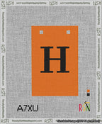 A taped needlepoint canvas with the design: Banner 13 mesh count Squared H Black on Orange.