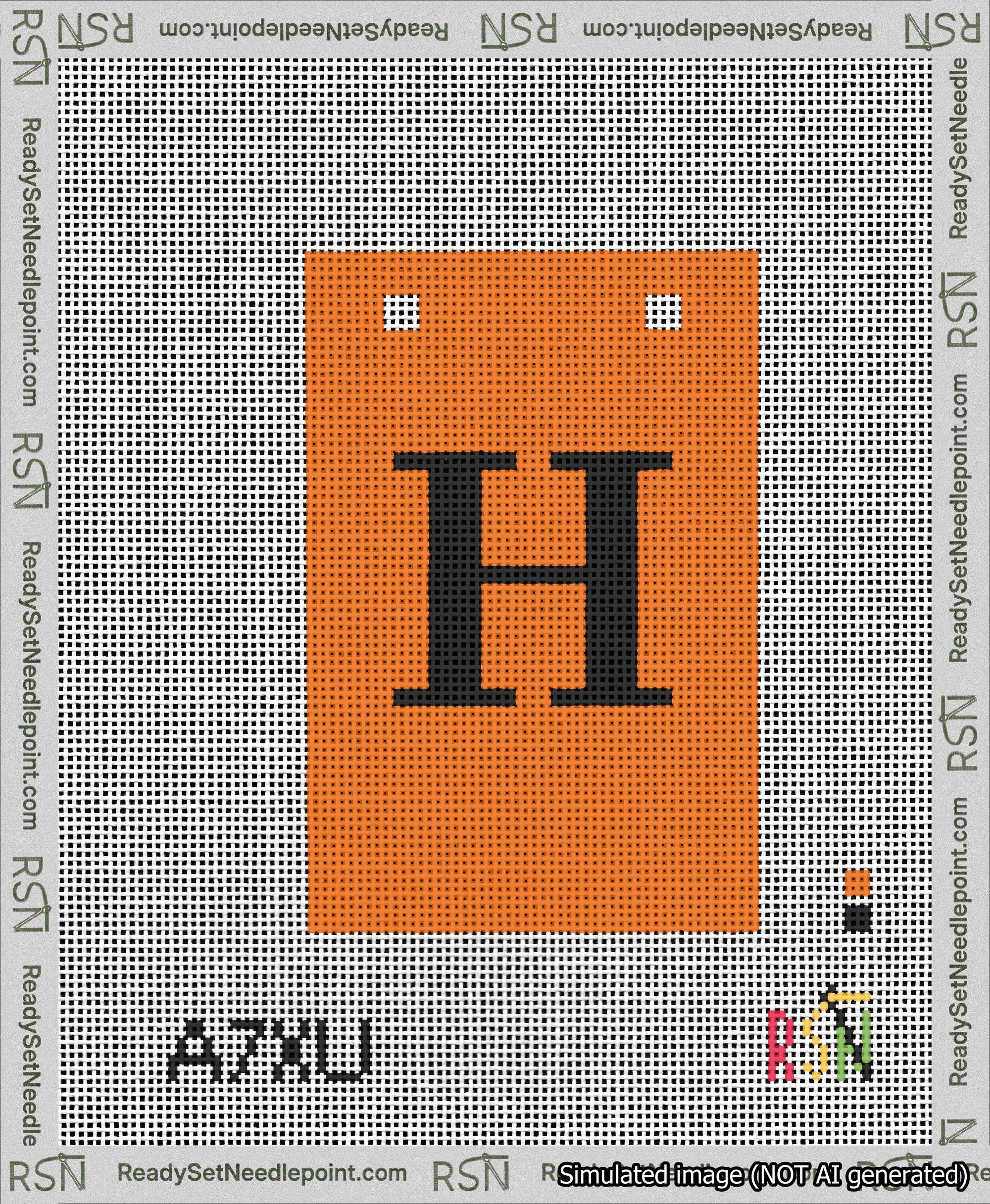 A taped needlepoint canvas with the design: Banner 13 mesh count Squared H Black on Orange.