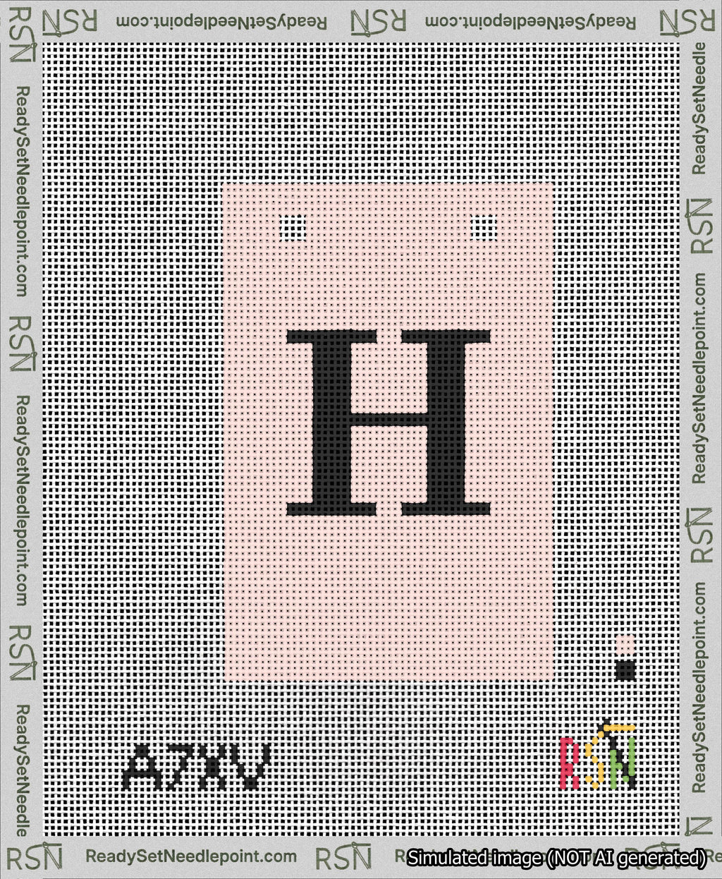 A taped needlepoint canvas with the design: Banner 13 mesh count Squared H Black on Pink.