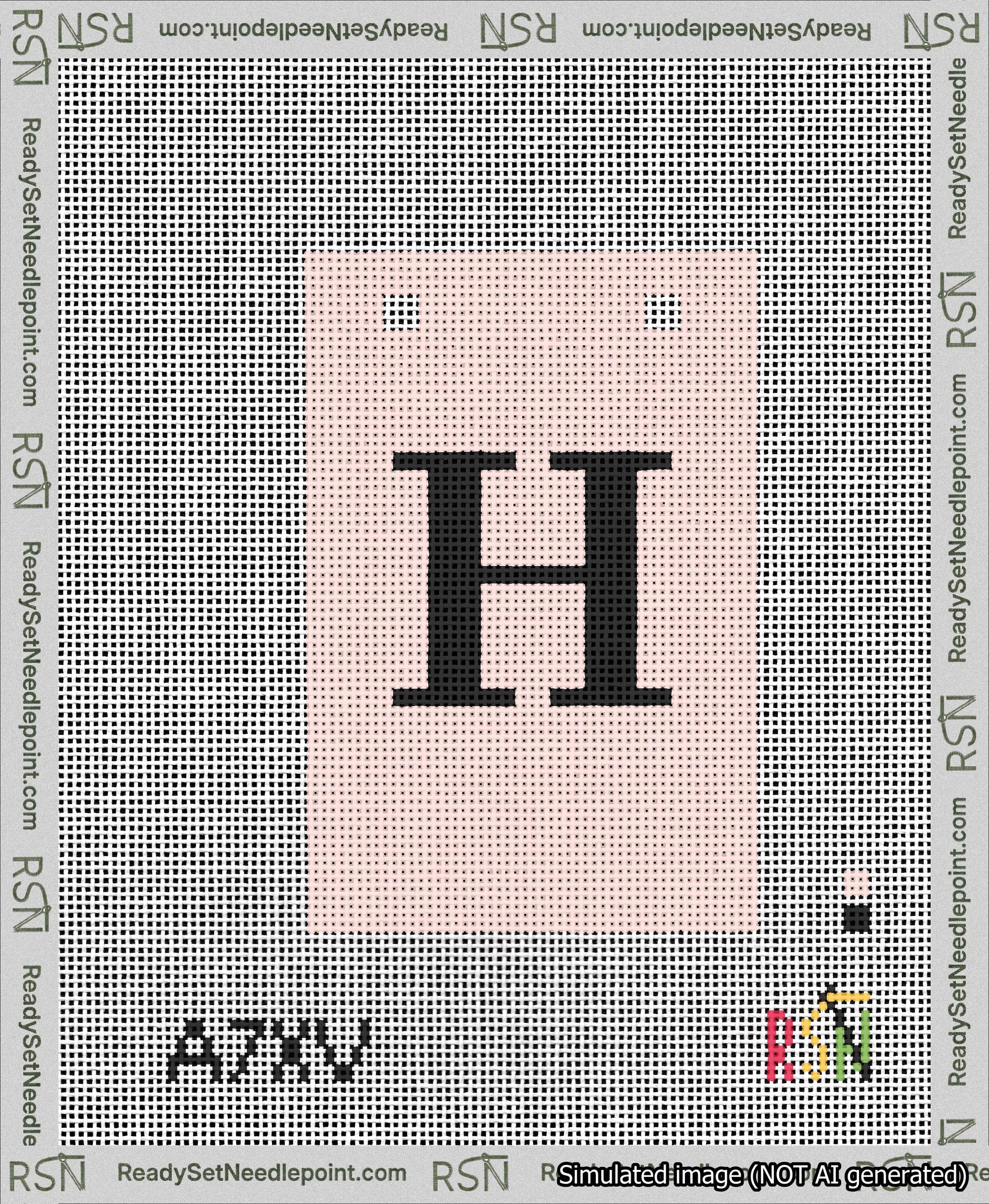 A taped needlepoint canvas with the design: Banner 13 mesh count Squared H Black on Pink.