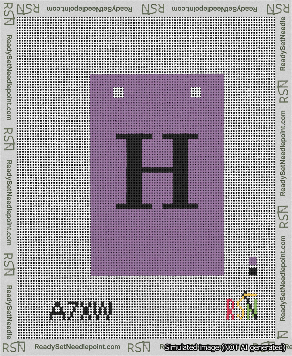 A taped needlepoint canvas with the design: Banner 13 mesh count Squared H Black on Purple.