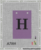 A taped needlepoint canvas with the design: Banner 13 mesh count Squared H Black on Purple.