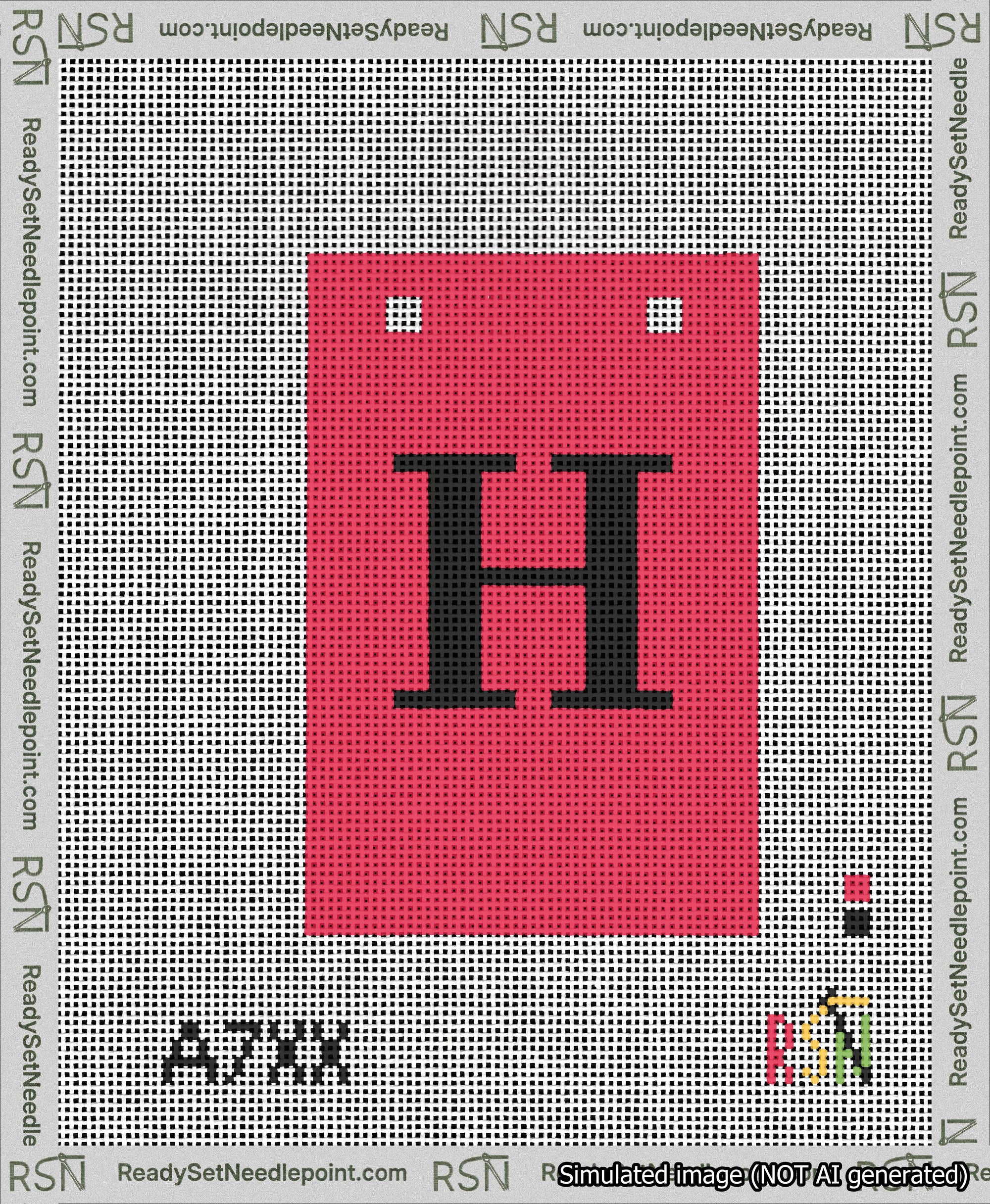 A taped needlepoint canvas with the design: Banner 13 mesh count Squared H Black on Red.