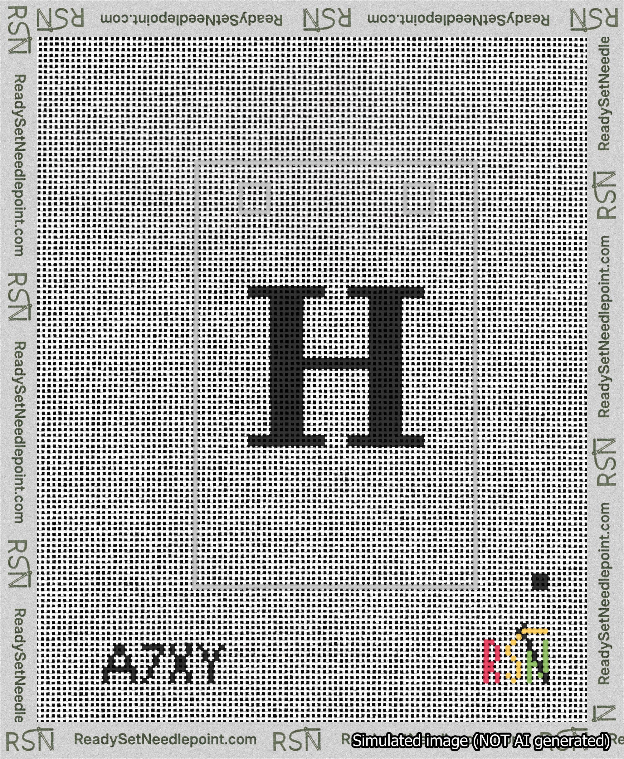 A taped needlepoint canvas with the design: Banner 13 mesh count Squared H Black on White.