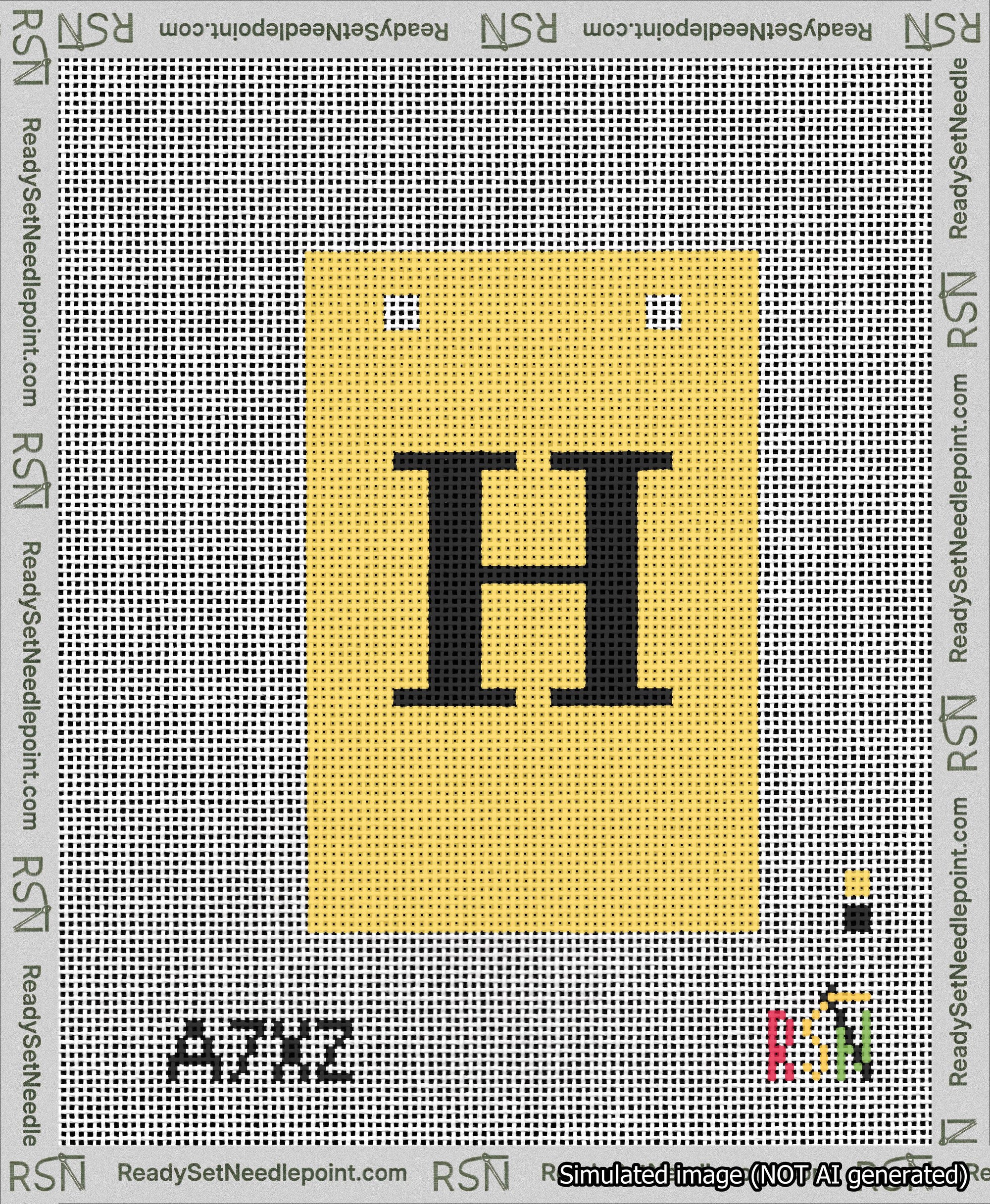 A taped needlepoint canvas with the design: Banner 13 mesh count Squared H Black on Yellow.
