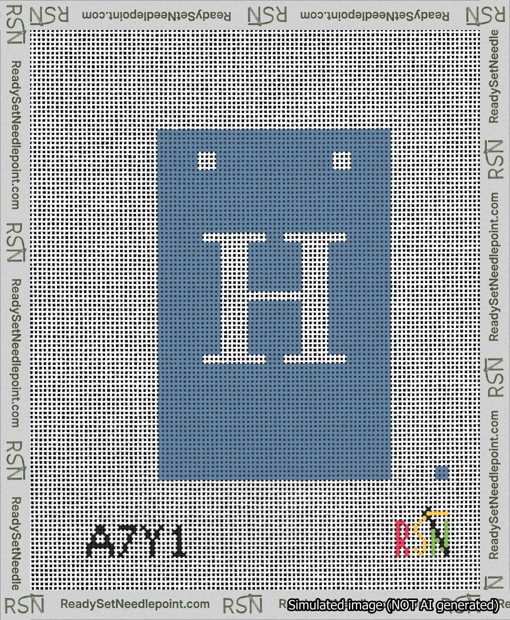 A taped needlepoint canvas with the design: Banner 13 mesh count Squared H White on Blue.