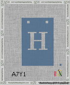 A taped needlepoint canvas with the design: Banner 13 mesh count Squared H White on Blue.