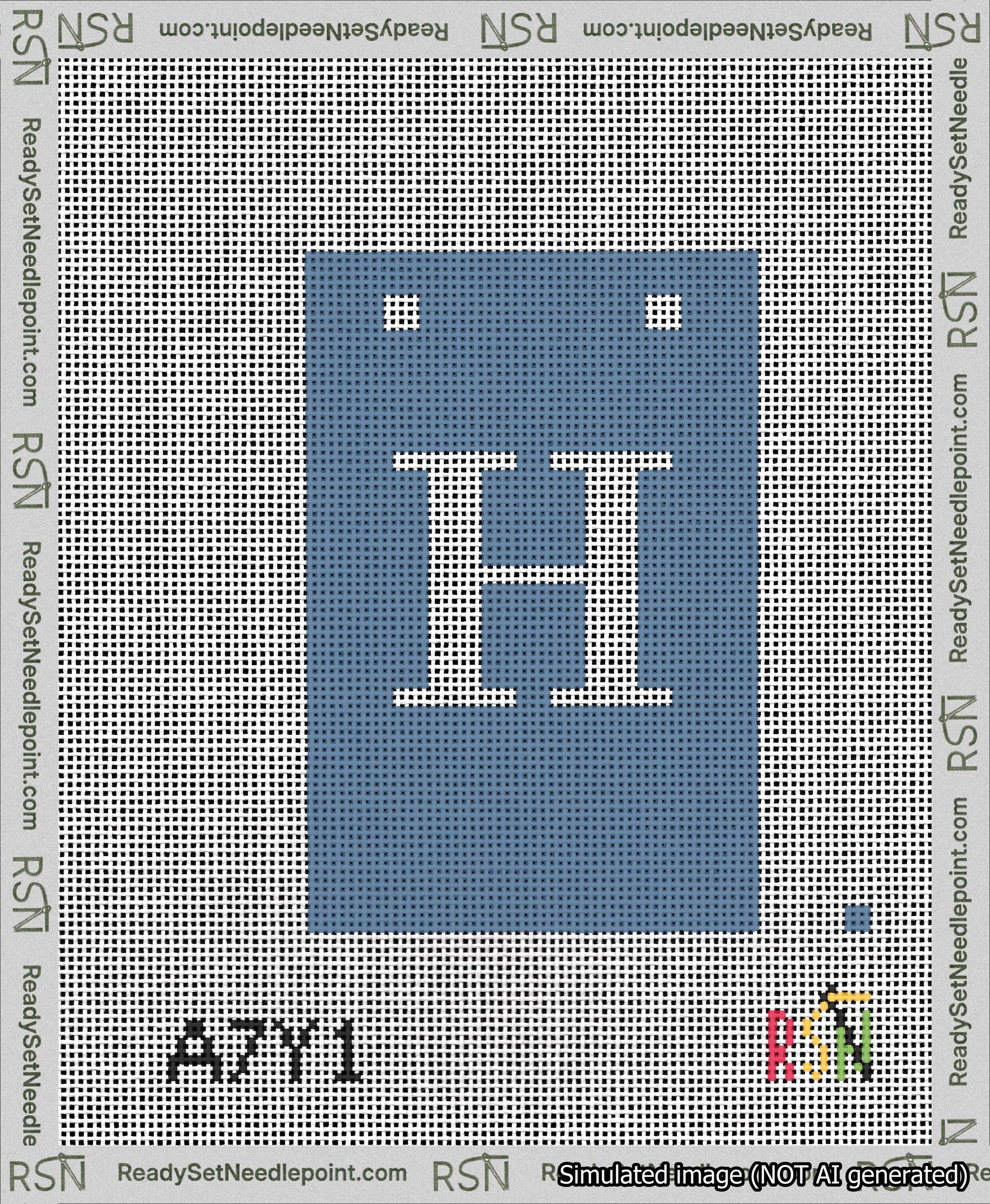 A taped needlepoint canvas with the design: Banner 13 mesh count Squared H White on Blue.